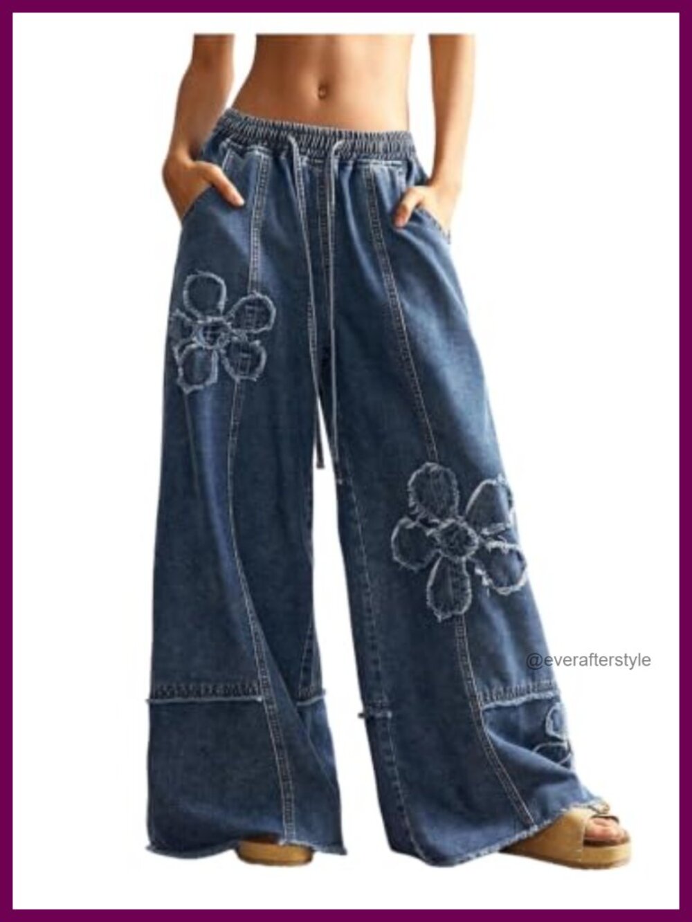 Womens Floral Wide Leg Baggy Jeans Low Rise Drawstring Waist Denim Pants
